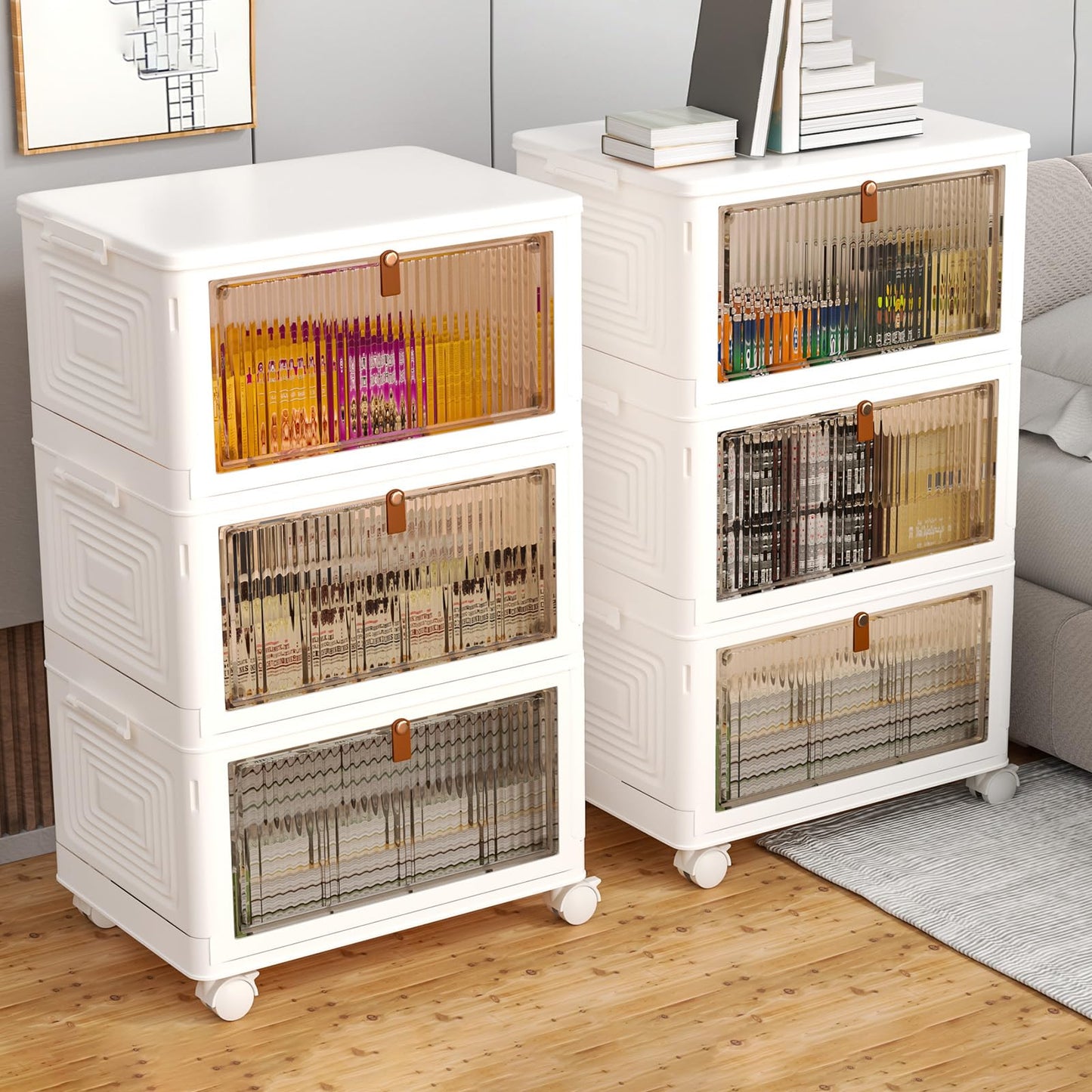 4 Tier Plastic Storage Bins with Lid 23QT, Stackable Storage Containers with Wheels, Folding Storage Boxes, Stackable Storage Bins, Closet Organizers and Storage for Living Room,Office,Dorm