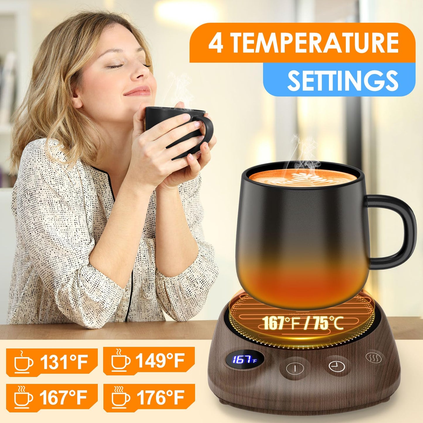 Coffee Mug Warmer - Fastest Heating & Highest Temperature, Coffee Cup Warmer for Desk Auto Shut Off, 4 Temp Settings & 1-12H Timer, Smart Electric Beverage Warmer for Coffee, Tea (Black)