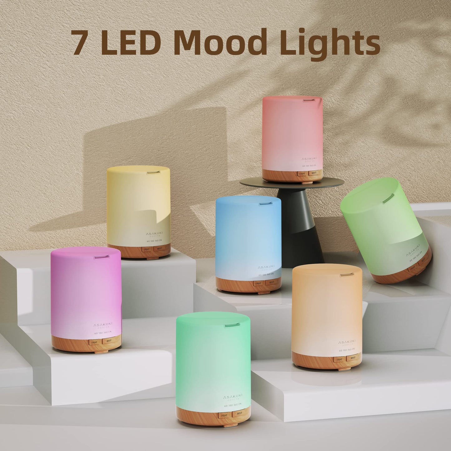 ASAKUKI Essential Oil Diffuser, Aromatherapy Cool Mist Home Humidifier with 7 LED Color Changing Light and Auto-Off Safety Switch, 8 Essential Oils Set, 300ml (X-Brown with Oils)