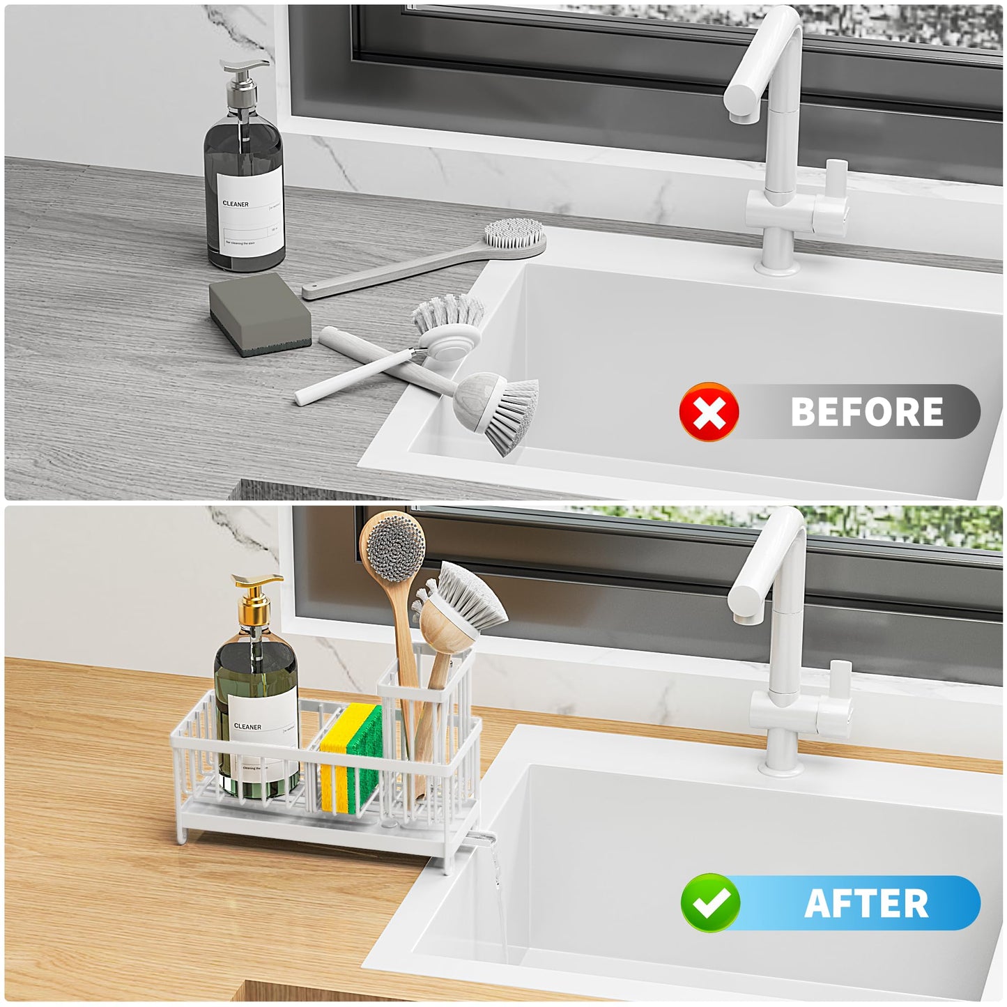 Cisily Black Sponge Holder for Kitchen Sink, Sink Caddy Organizer with High Brush Holder, Kitchen Countertop Organizers and Storage Essentials, Rustproof 304 Stainless Steel, Soap Dispenser Organize