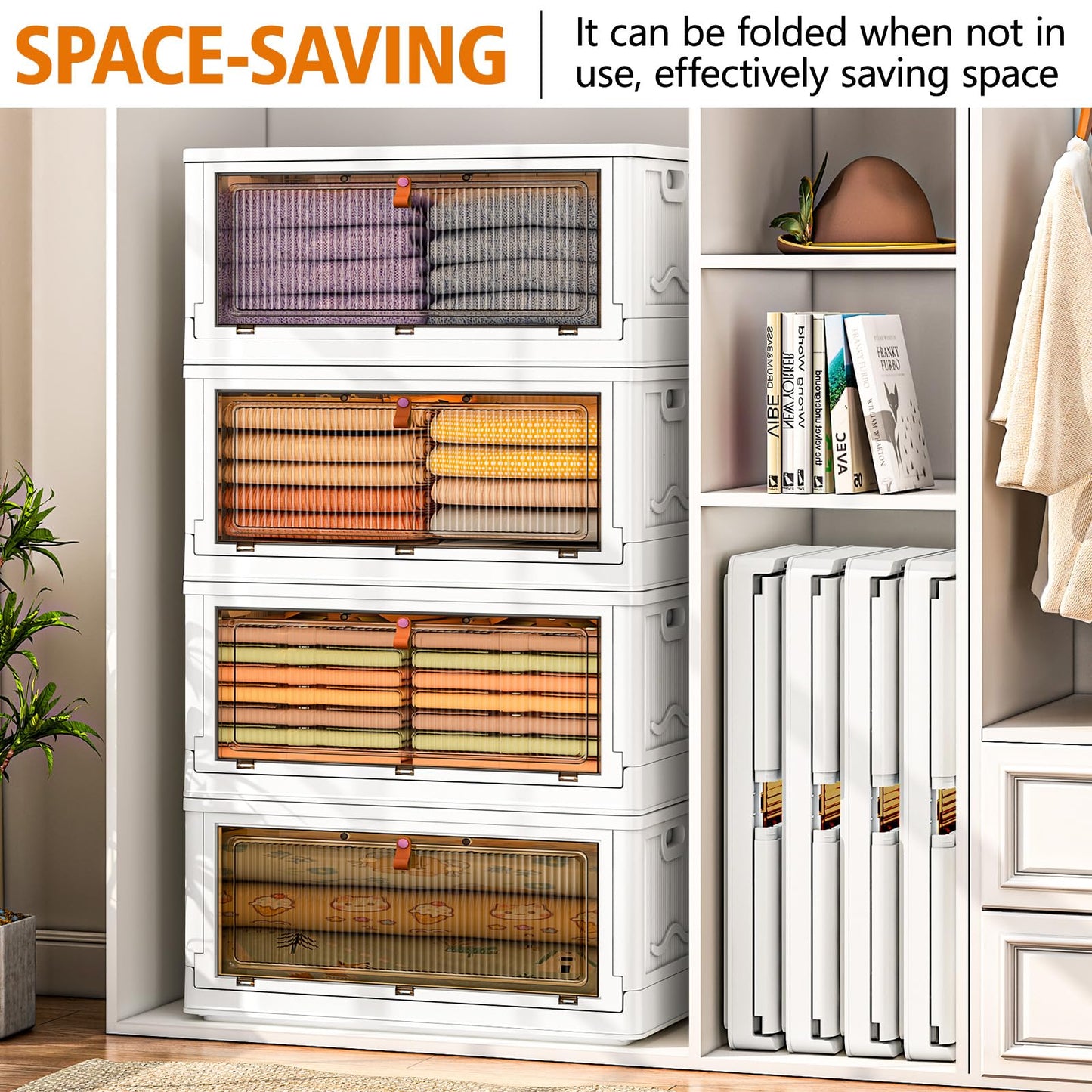 4 Tier Plastic Storage Bins with Lid 23QT, Stackable Storage Containers with Wheels, Folding Storage Boxes, Stackable Storage Bins, Closet Organizers and Storage for Living Room,Office,Dorm