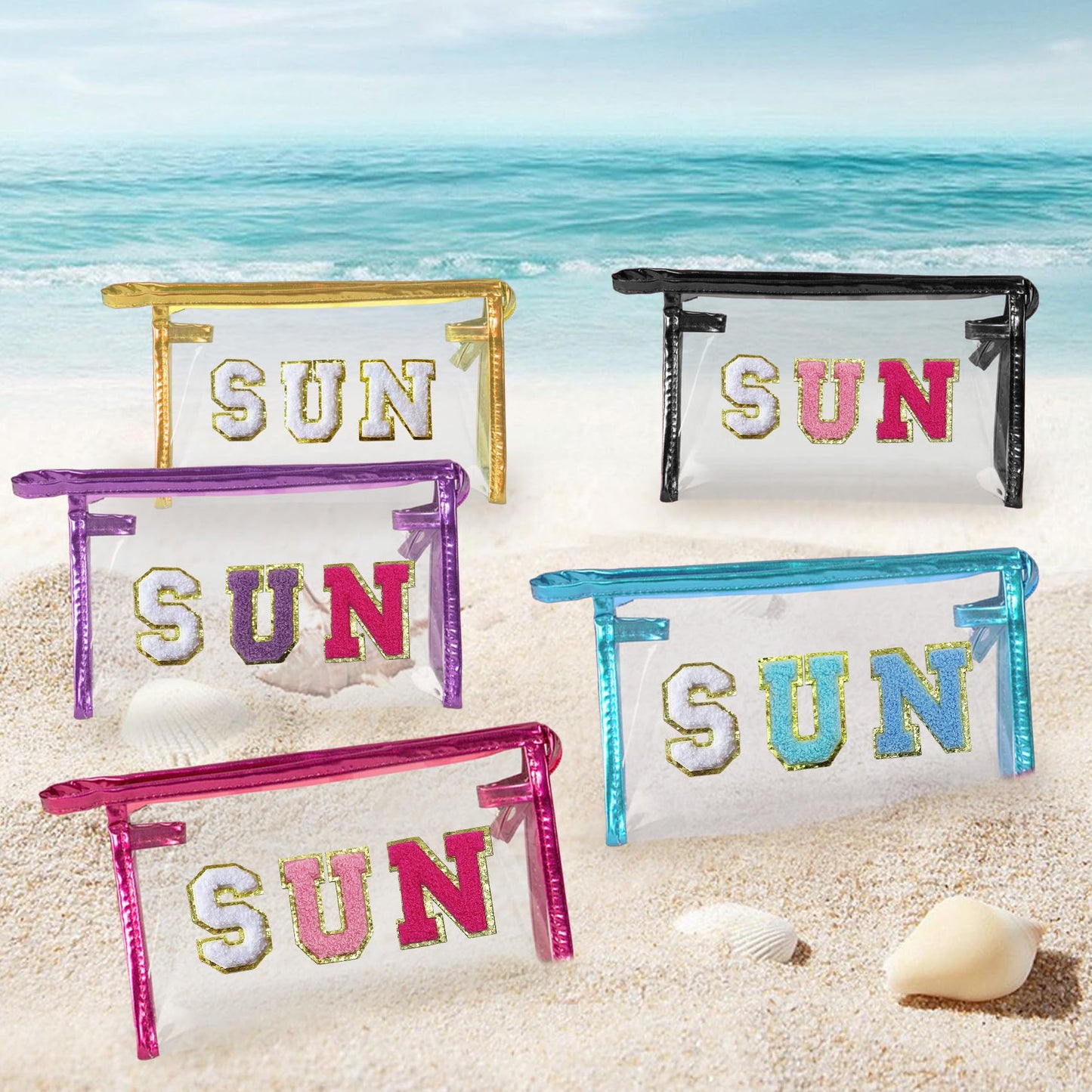 COSHAYSOO Clear Makeup Bag Sunscreen Pouch Beach Vacation Essentials Waterproof Summer Stuff Travel Toiletry Purse for Women Teen Girl Personalized Easter Gifts with Preppy Chenille Letter Blue SUN
