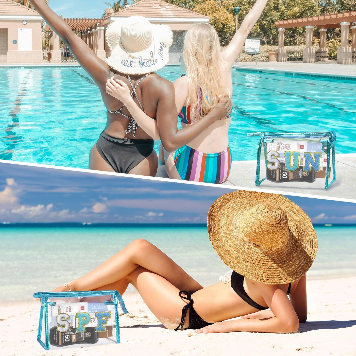 COSHAYSOO Clear Makeup Bag Sunscreen Pouch Beach Vacation Essentials Waterproof Summer Stuff Travel Toiletry Purse for Women Teen Girl Personalized Easter Gifts with Preppy Chenille Letter Blue SUN