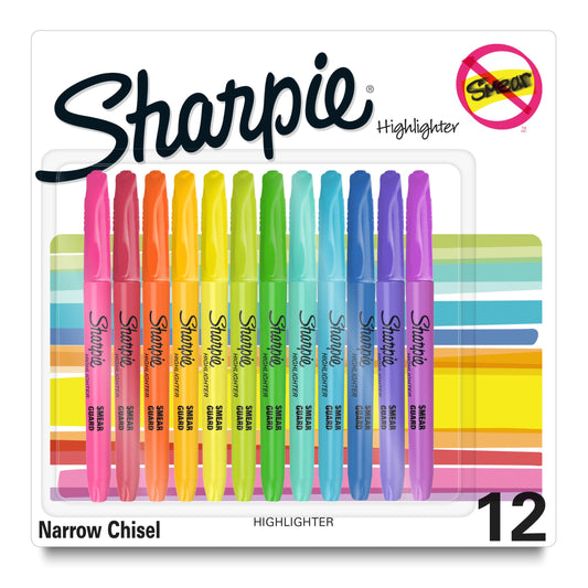 Sharpie Pocket Highlighters, Chisel Tip, Quick Dry, Assorted Fluorescent Colors, 12 Count - For Studying, Note-Taking, School, College, Office, Student & Teacher Supplies