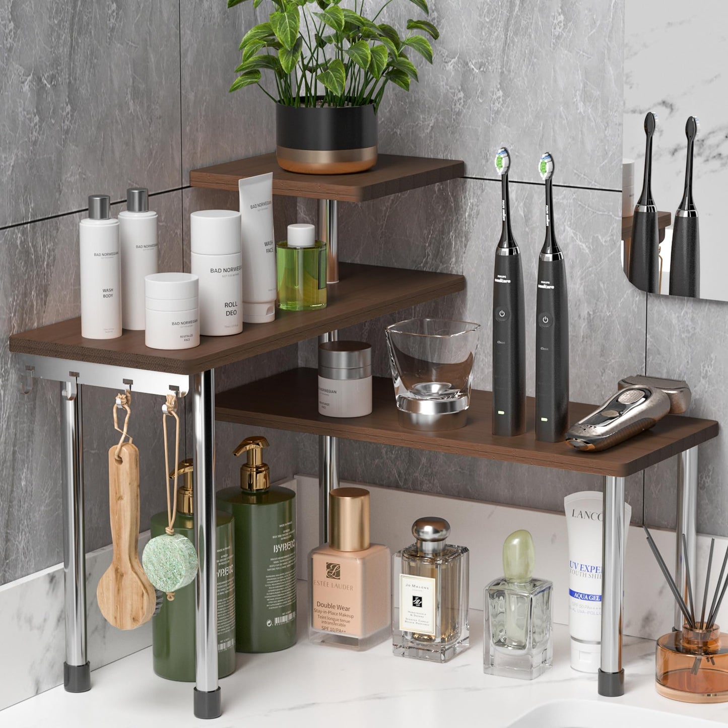 ZHWS Bathroom Counter Organizer Corner Countertop Shelf Adjustable 3 Tier Corner Shelf Kitchen Counter Organizer with 4 Metal Hooks for Bathroom Counter, Makeups, Dresser Table, Over Sink