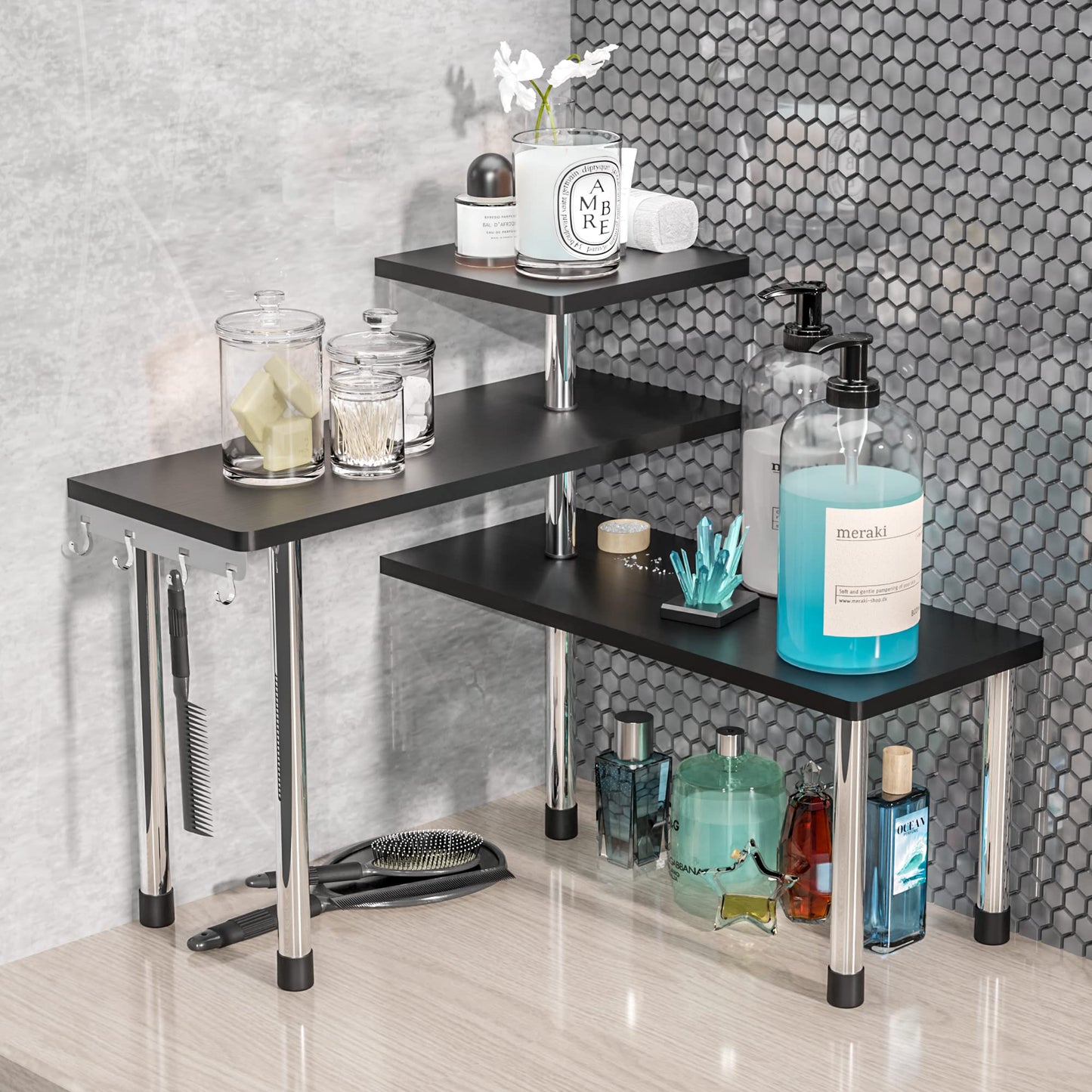 ZHWS Bathroom Counter Organizer Corner Countertop Shelf Adjustable 3 Tier Corner Shelf Kitchen Counter Organizer with 4 Metal Hooks for Bathroom Counter, Makeups, Dresser Table, Over Sink