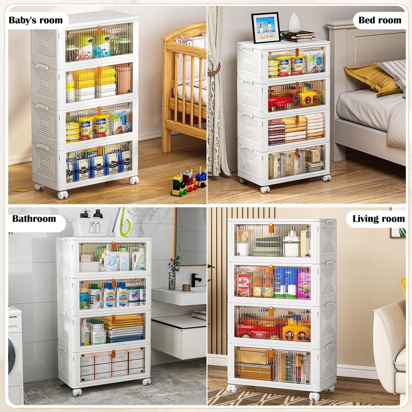 4 Tier Plastic Storage Bins with Lid 23QT, Stackable Storage Containers with Wheels, Folding Storage Boxes, Stackable Storage Bins, Closet Organizers and Storage for Living Room,Office,Dorm