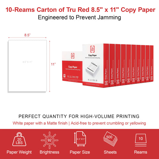 TRU RED Copy Paper 8.5x11 Inch, 20lb Weight, 92 Brightness, 5000 Sheets (10 Reams), Multipurpose White Printer Paper for Laser, Inkjet & Copier
