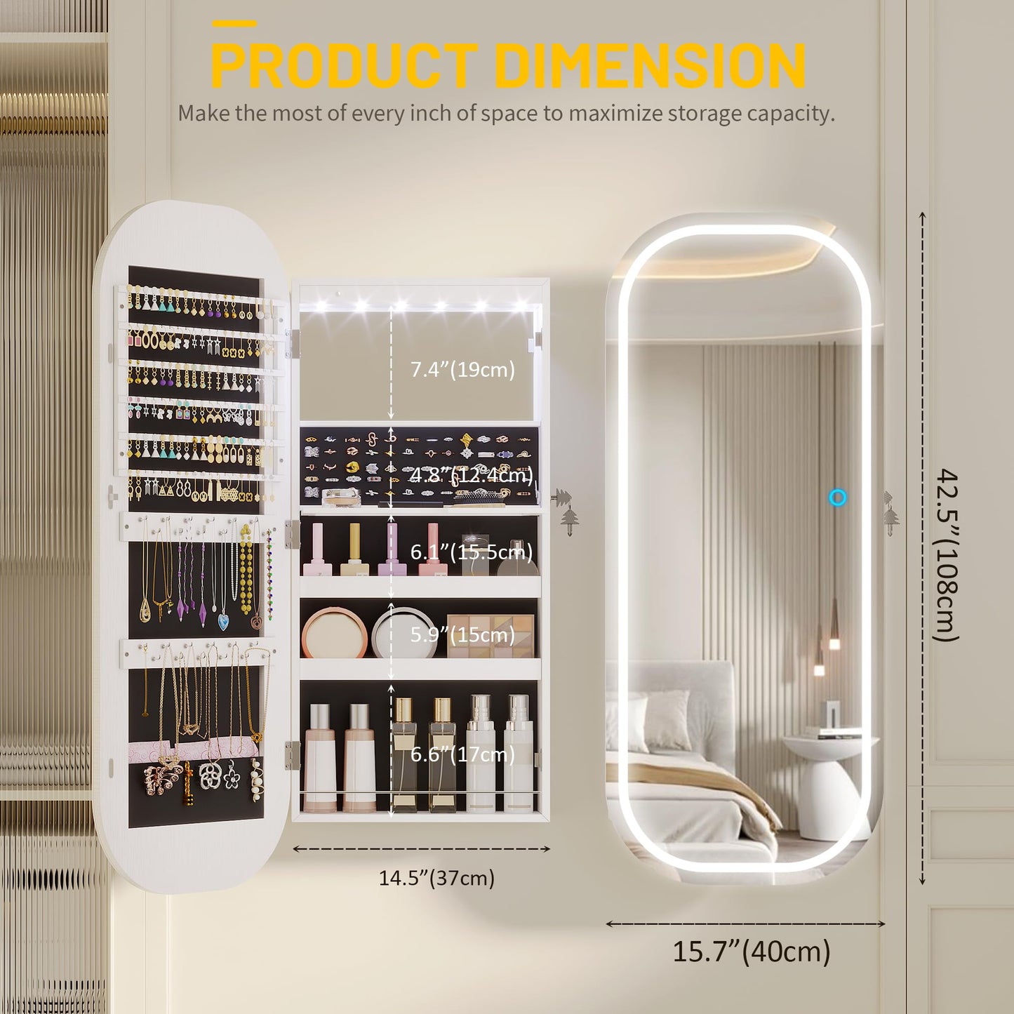 LVSOMT LED Mirror Jewelry Cabinet, Wall Mount/Over the Door Jewelry Armoire Organizer, Rounded Mirror with Storage, Foldable Shelf, Lockable Jewelry Cabinet,16" Wide,Interior Mirror, White