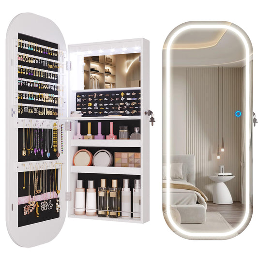 LVSOMT LED Mirror Jewelry Cabinet, Wall Mount/Over the Door Jewelry Armoire Organizer, Rounded Mirror with Storage, Foldable Shelf, Lockable Jewelry Cabinet,16" Wide,Interior Mirror, White