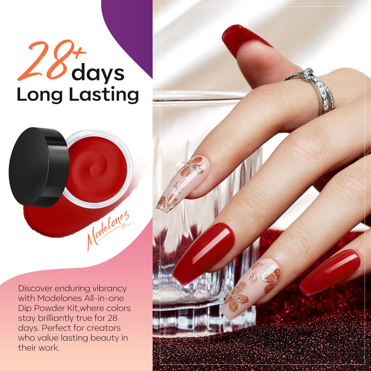 Modelones Dip Powder Nail Kit Starter, 20 Colors Purple Pink Orange Blue Dipping Powder Liquid Set Base&Top Activator for French Nail Art Salon DIY Kit