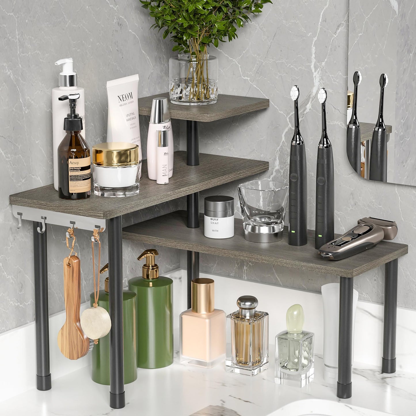 ZHWS Bathroom Counter Organizer Corner Countertop Shelf Adjustable 3 Tier Corner Shelf Kitchen Counter Organizer with 4 Metal Hooks for Bathroom Counter, Makeups, Dresser Table, Over Sink