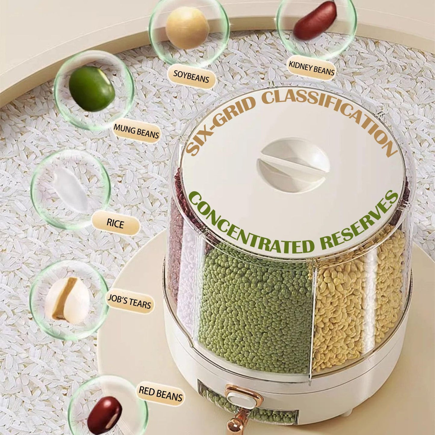 Enforose 25Lbs Cereal Dispenser,360 Degree Rotating Grain Storage Dispenser Box,6 Compartment PP Plastic Dry Food Dispenser,Rice Dispenser for Kitchen Soybean Corn (medium-white)