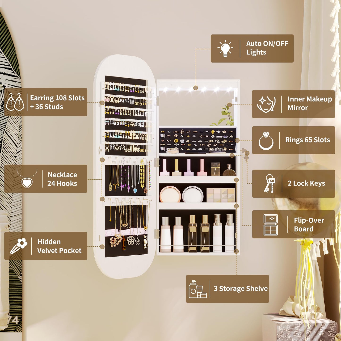 LVSOMT LED Mirror Jewelry Cabinet, Wall Mount/Over the Door Jewelry Armoire Organizer, Rounded Mirror with Storage, Foldable Shelf, Lockable Jewelry Cabinet,16" Wide,Interior Mirror, White