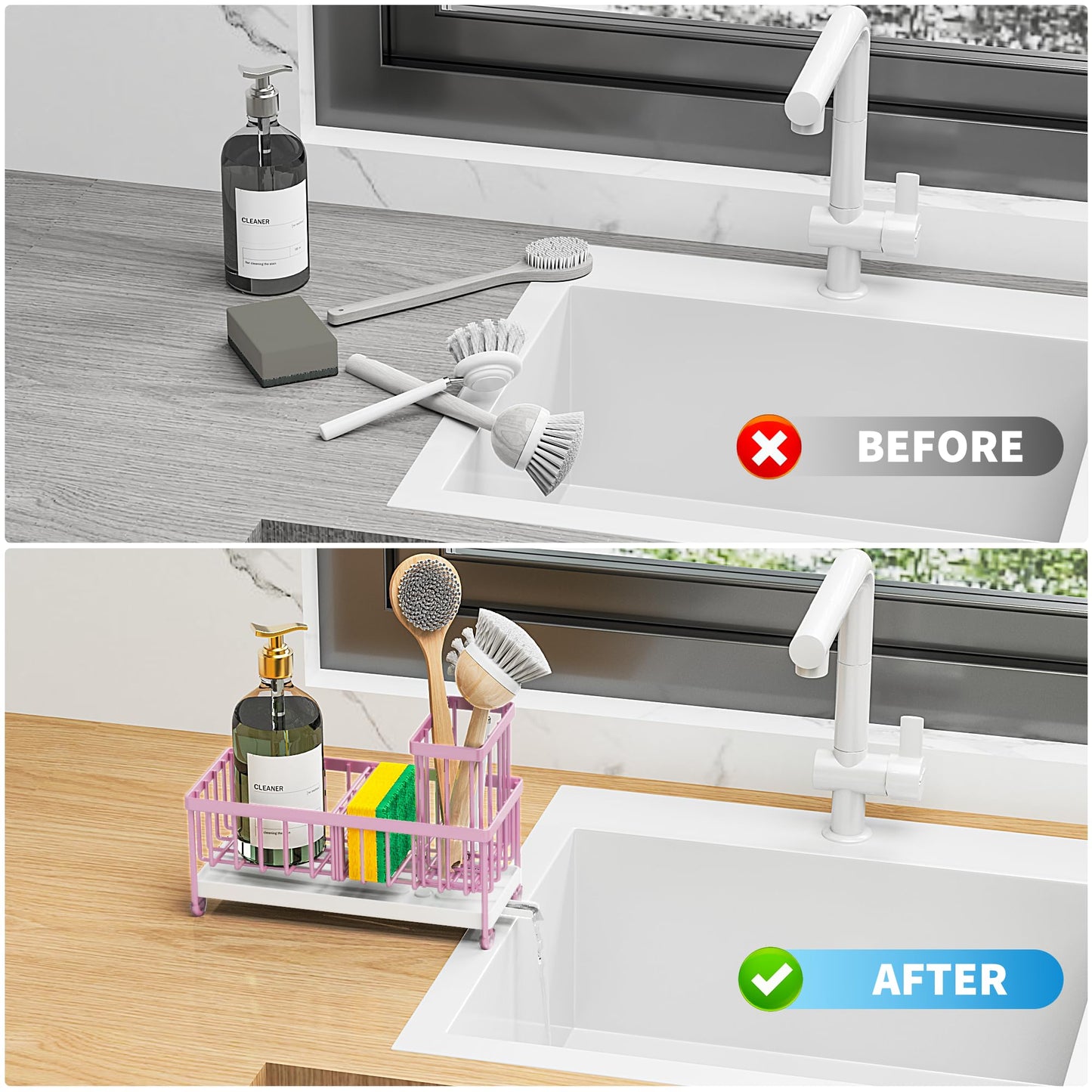 Cisily Black Sponge Holder for Kitchen Sink, Sink Caddy Organizer with High Brush Holder, Kitchen Countertop Organizers and Storage Essentials, Rustproof 304 Stainless Steel, Soap Dispenser Organize