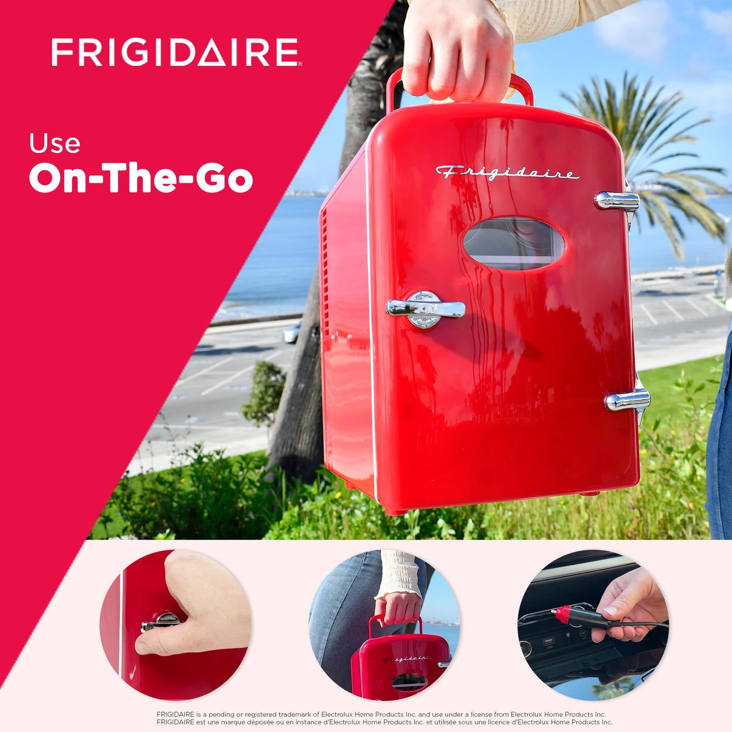 Frigidaire Red Mini Personal Fridge Cooler, 1 Gal Capacity fits Six Cans, Includes Plugs for Home Outlet & DC Charger - 9.84" D x 7.09" W x 10.35" H