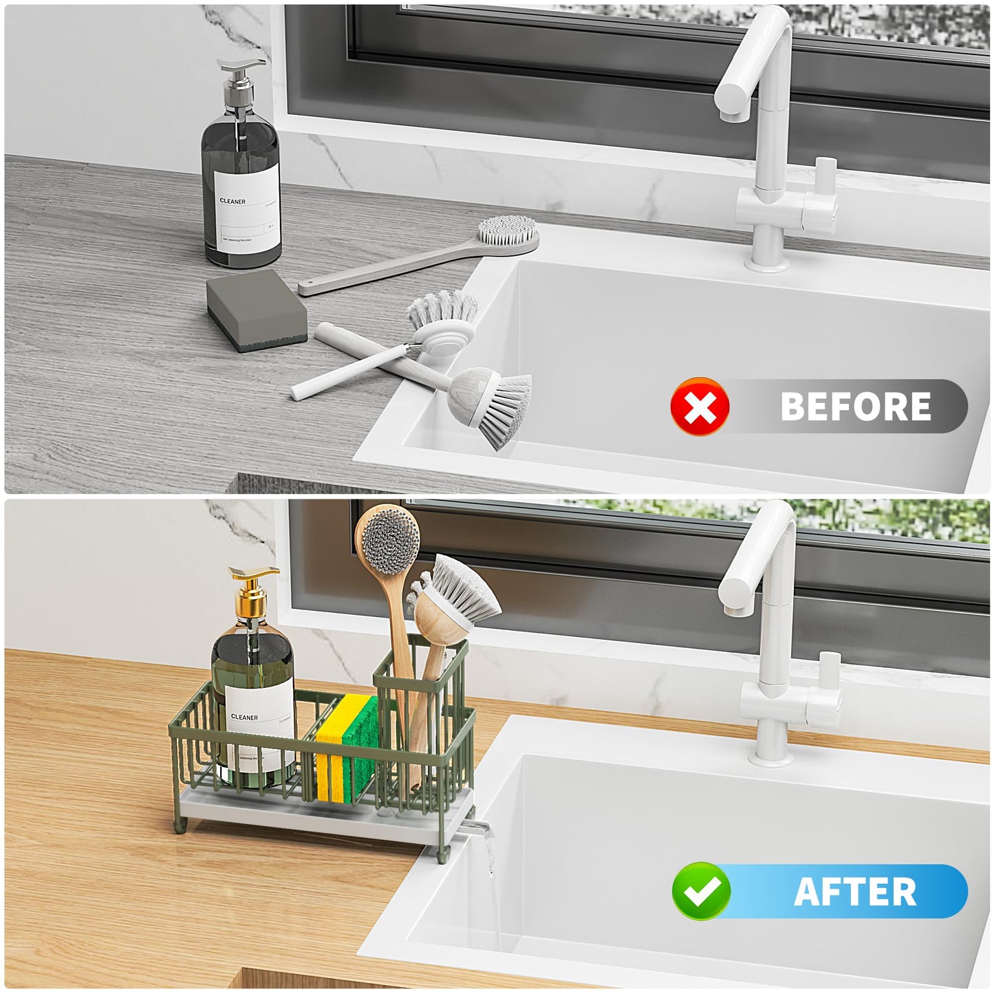 Cisily Black Sponge Holder for Kitchen Sink, Sink Caddy Organizer with High Brush Holder, Kitchen Countertop Organizers and Storage Essentials, Rustproof 304 Stainless Steel, Soap Dispenser Organize