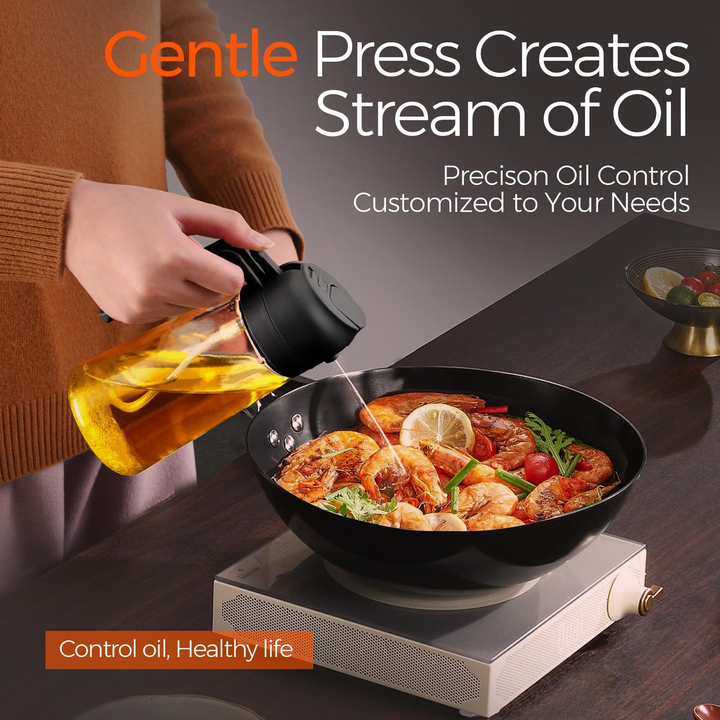 YARRAMATE 16oz/470ml Oil Sprayer for Cooking with Stickers, Food-grade Premium 2 in 1 Olive Oil Dispenser Bottle for Kitchen Gadgets, Air Fryer, Salad, Frying, BBQ (Black)