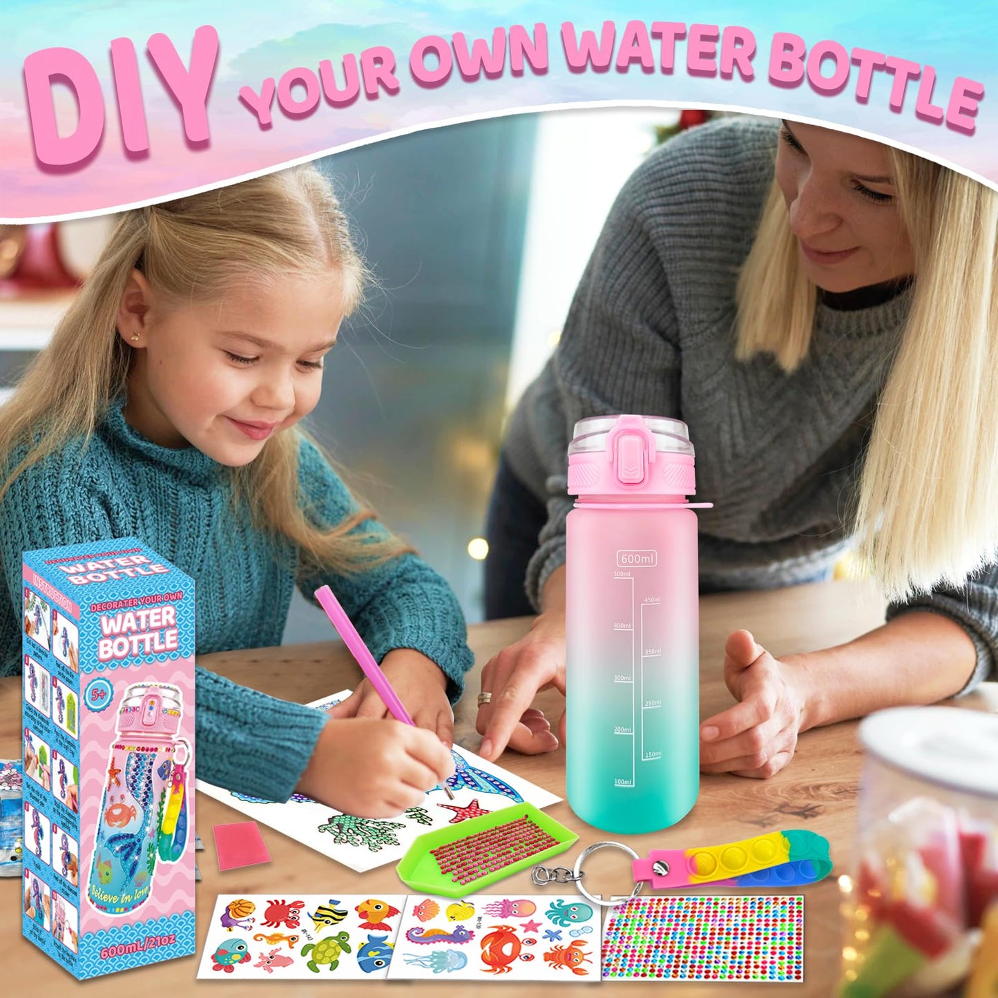 EDsportshouse Decorate Your Own Water Bottle Kits for Girls Age 4-6-8-10,Mermaid Painting Crafts,Fun Arts and Crafts Gifts Toys for Girls Birthday Christmas(Mermaid)