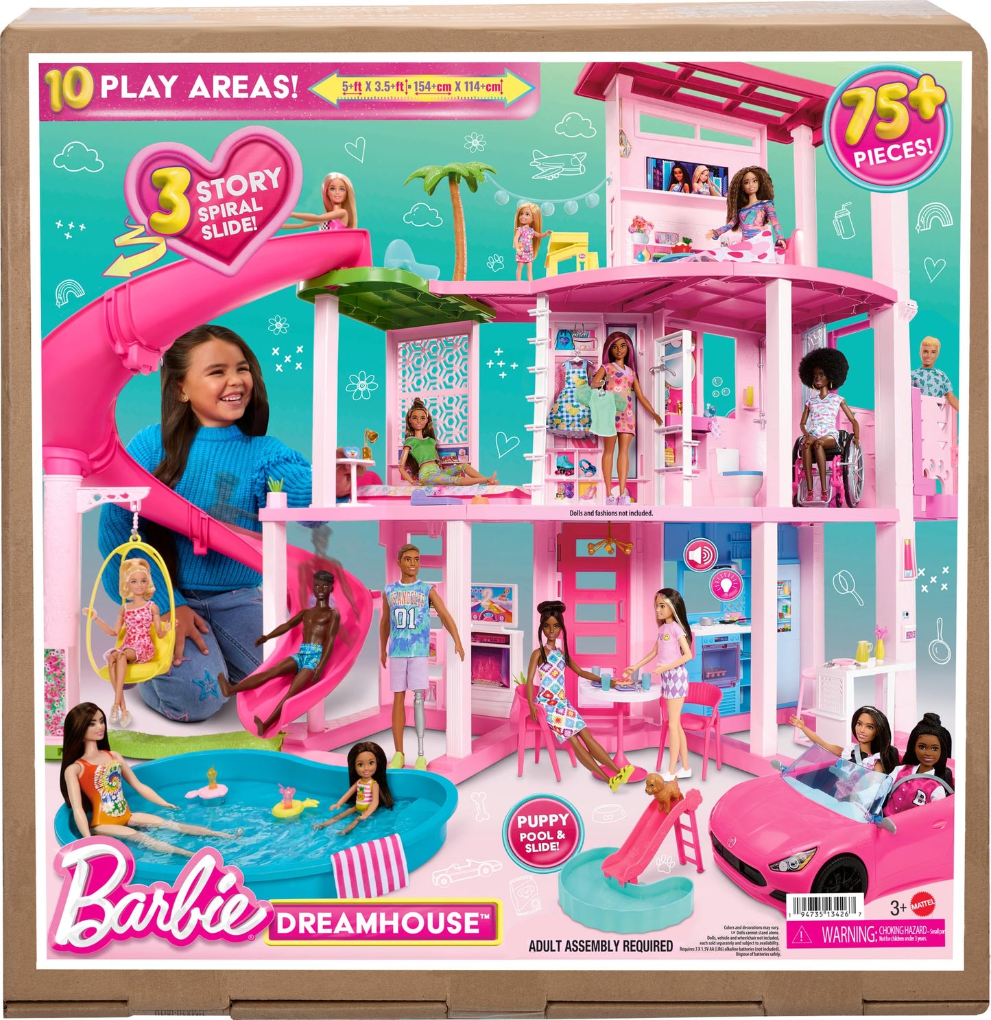 Barbie Dreamhouse, Pool Party Doll House with 75+ Pieces and 3-Story Slide, House Playset, Pet Elevator and Puppy Play Areas