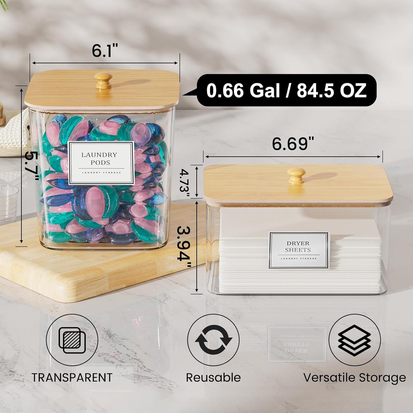 Laundry Pods Storage Container, Clear Laundry Room Organization and Storage ,Detergent Powder Container,With Wooden Lids & Labels, 3+1 Pack