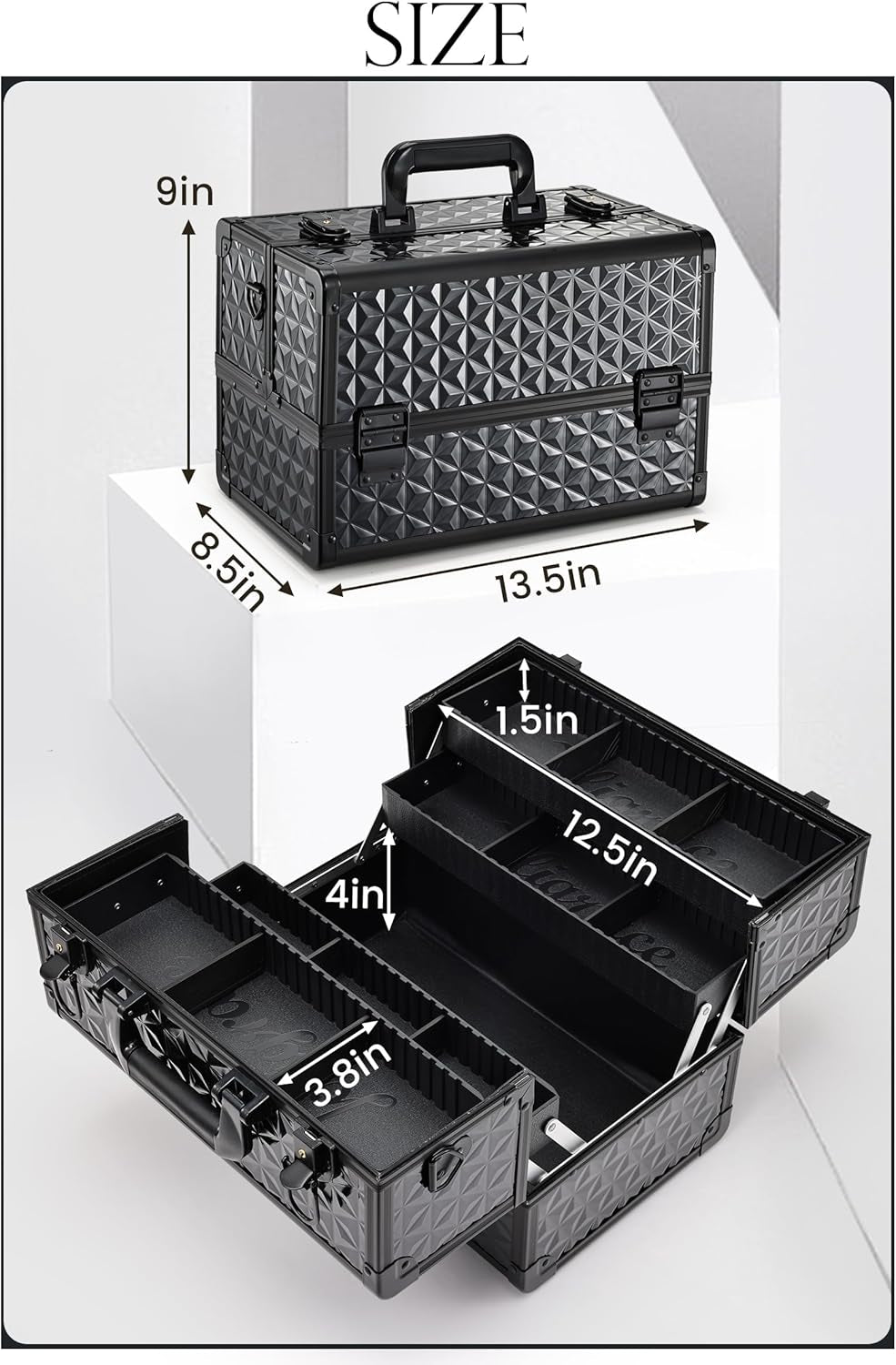Makeup Train Case Professional Cosmetic Organizer Aluminum Storage Box with 4 Adjustable Dividers Trays Lockable Portable with Shoulder Strap