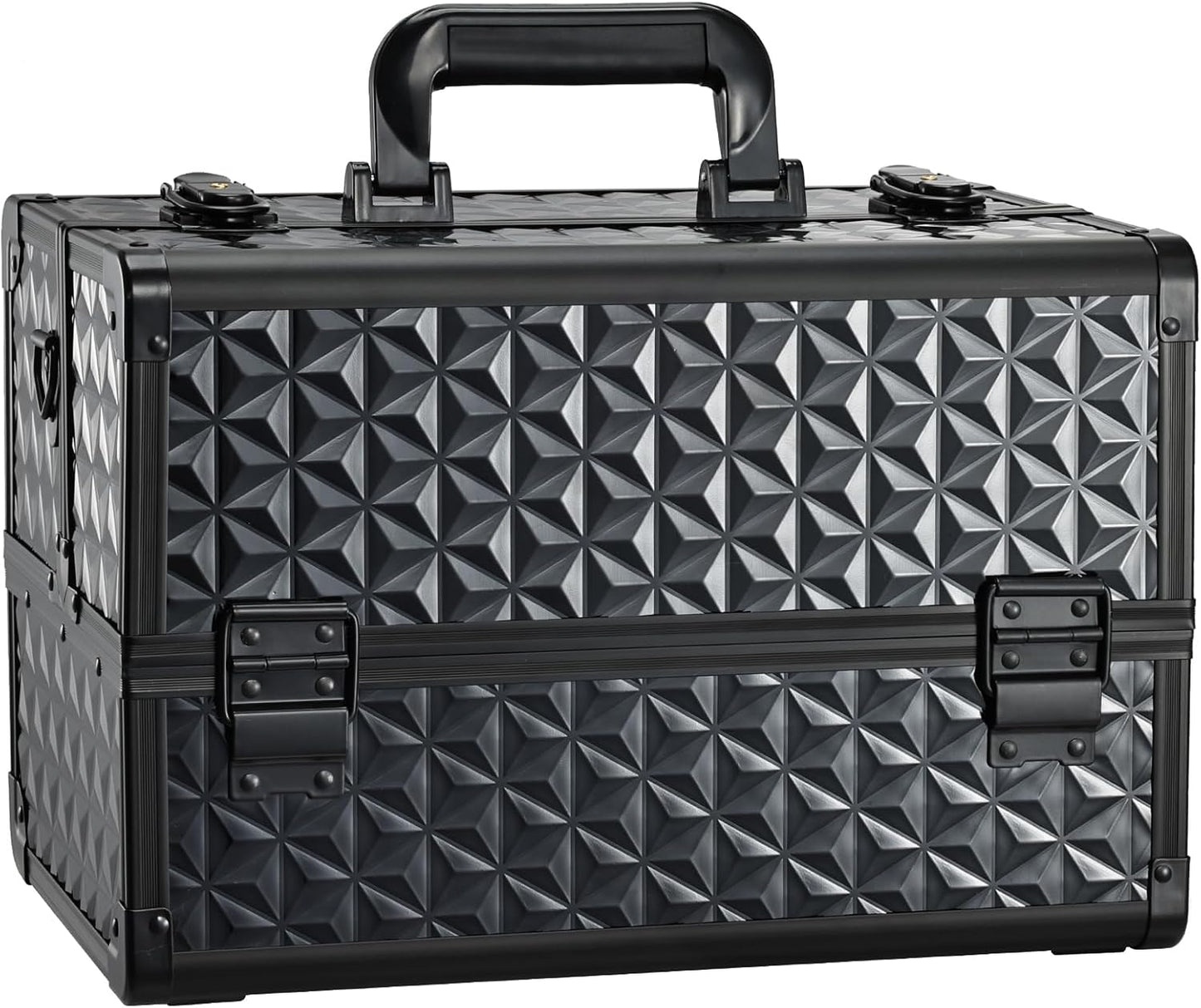 Makeup Train Case Professional Cosmetic Organizer Aluminum Storage Box with 4 Adjustable Dividers Trays Lockable Portable with Shoulder Strap