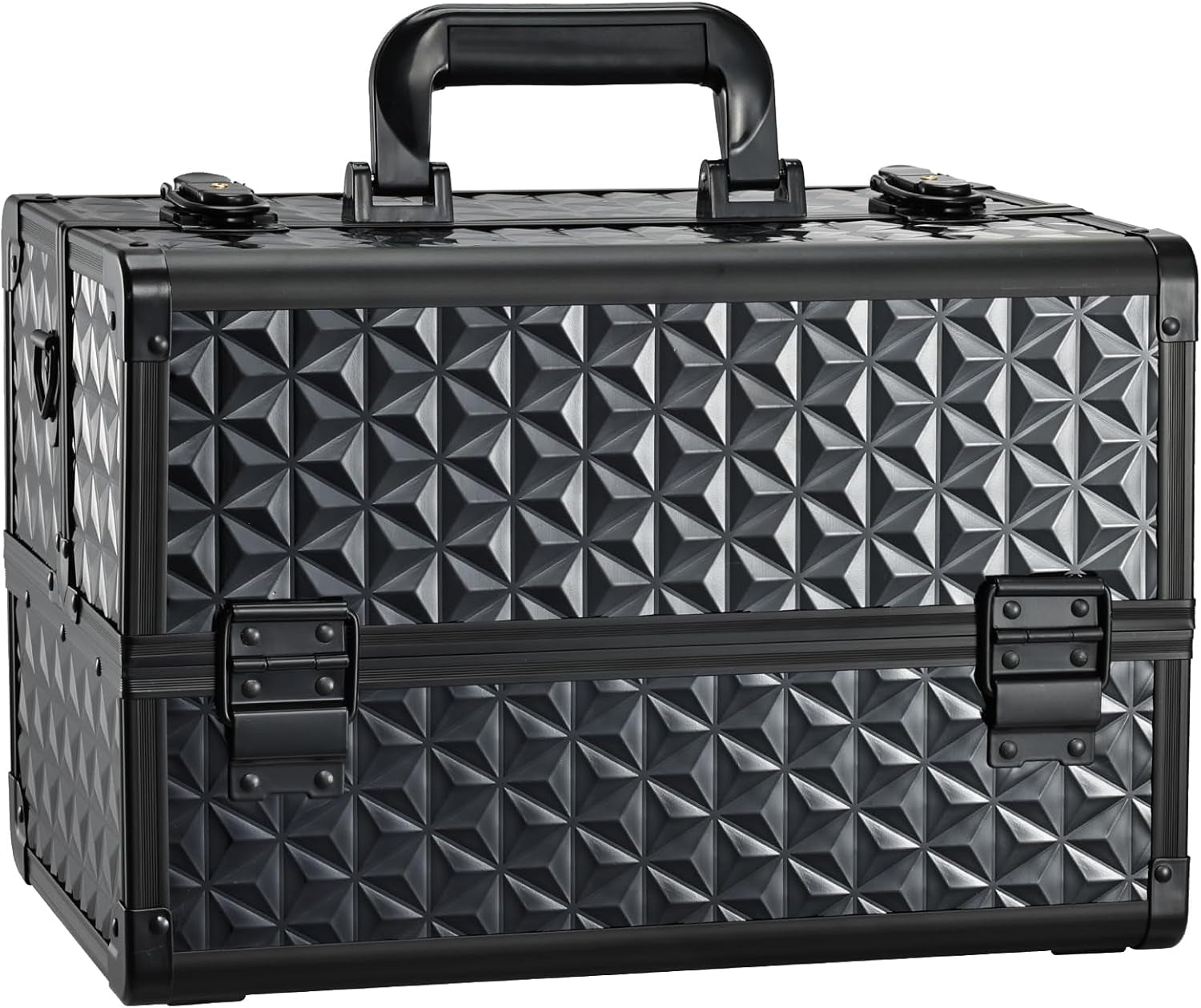 Makeup Train Case Professional Cosmetic Organizer Aluminum Storage Box with 4 Adjustable Dividers Trays Lockable Portable with Shoulder Strap