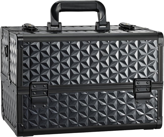 Makeup Train Case Professional Cosmetic Organizer Aluminum Storage Box with 4 Adjustable Dividers Trays Lockable Portable with Shoulder Strap