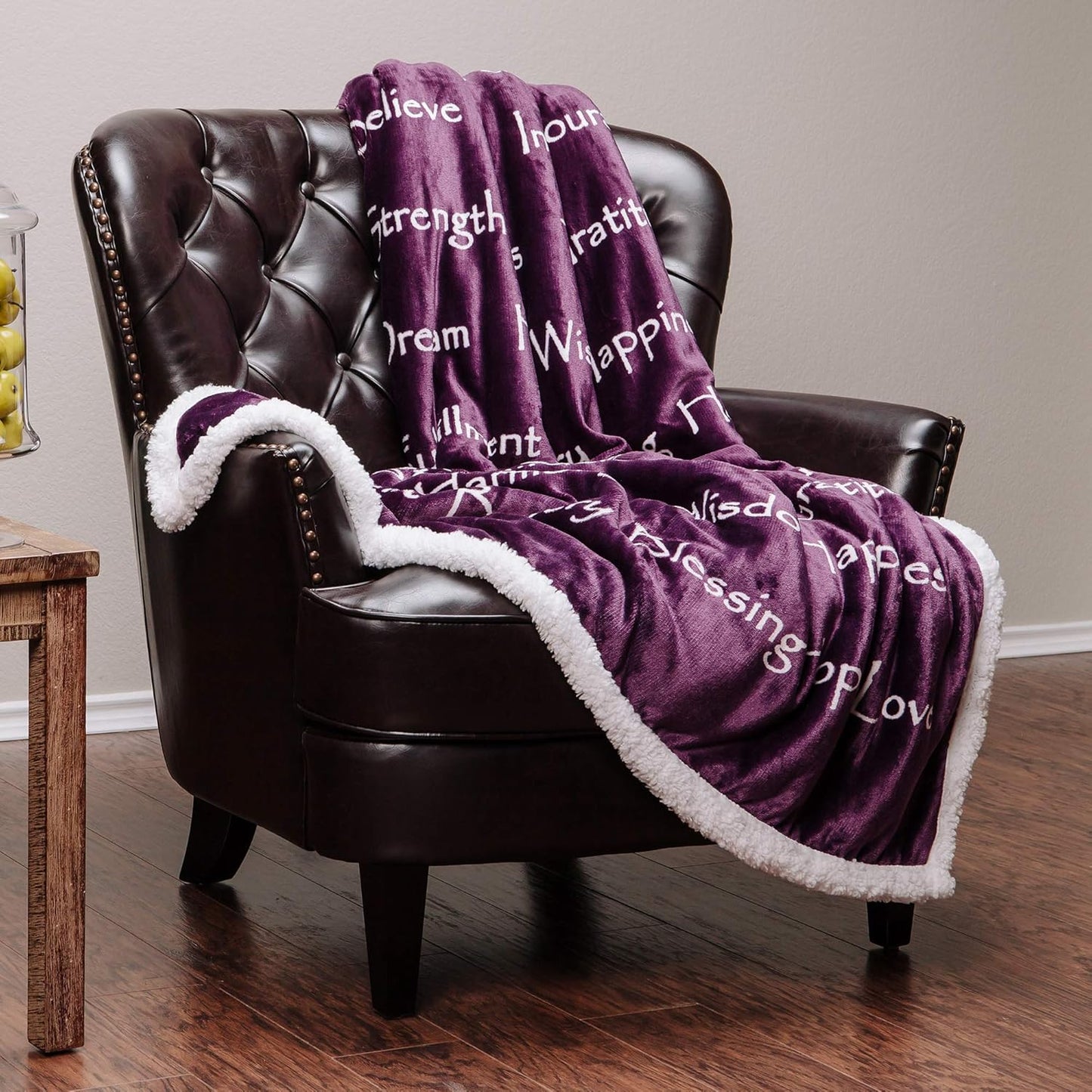 Premium Love & Joy Inspiring Gift Throw Blanket - Cozy, Warm and Fluffy Sherpa - Perfect Caring, Uplifting, Thoughtful, Personalized Gift for Peace & Prayer (65X50 Inches) Aubergine