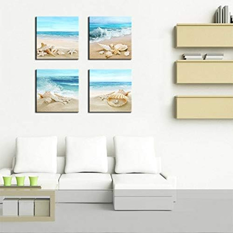 Canvas Wall Art Ocean Decor Beach Seashell Starfish Nature Picture Blue Canvas Artwork Turquoise Contemporary Wall Art for Bathroom Bedroom Living Room Office Kitchen Wall Decor 16" X 16" X 4 Pieces