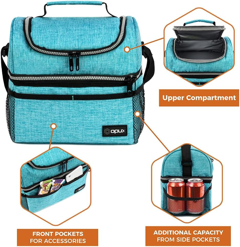 Lunch Box for Men Women, Insulated Large Lunch Bag Adult Work, Double Decker Lunchbox Meal Prep Dual Compartment Leakproof Lunch Cooler,Soft Lunch Tote Boys Girls Kids School, Aqua Turquoise 12L
