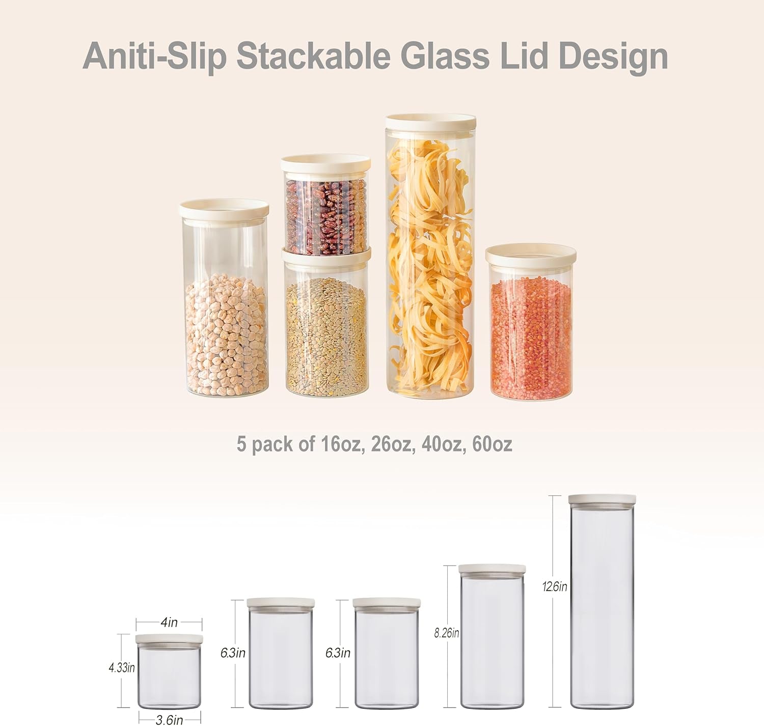 Glass Food Storage Jar with Glass Lid, Food Canister Set with Airtight Lids, Pantry Jars for Kitchen Organization, Food Storage Containers in Set of 5