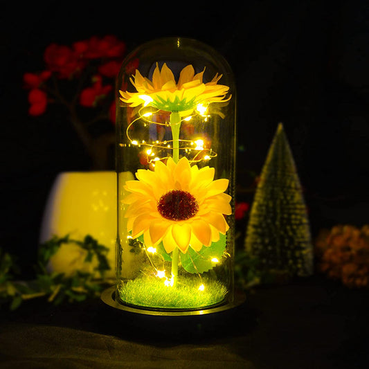 Elegant Sunflower Gift for Women - Preserved Sunflower Bouquet in Glass Dome for Home Decor, Ideal Birthday Gift for Mothers