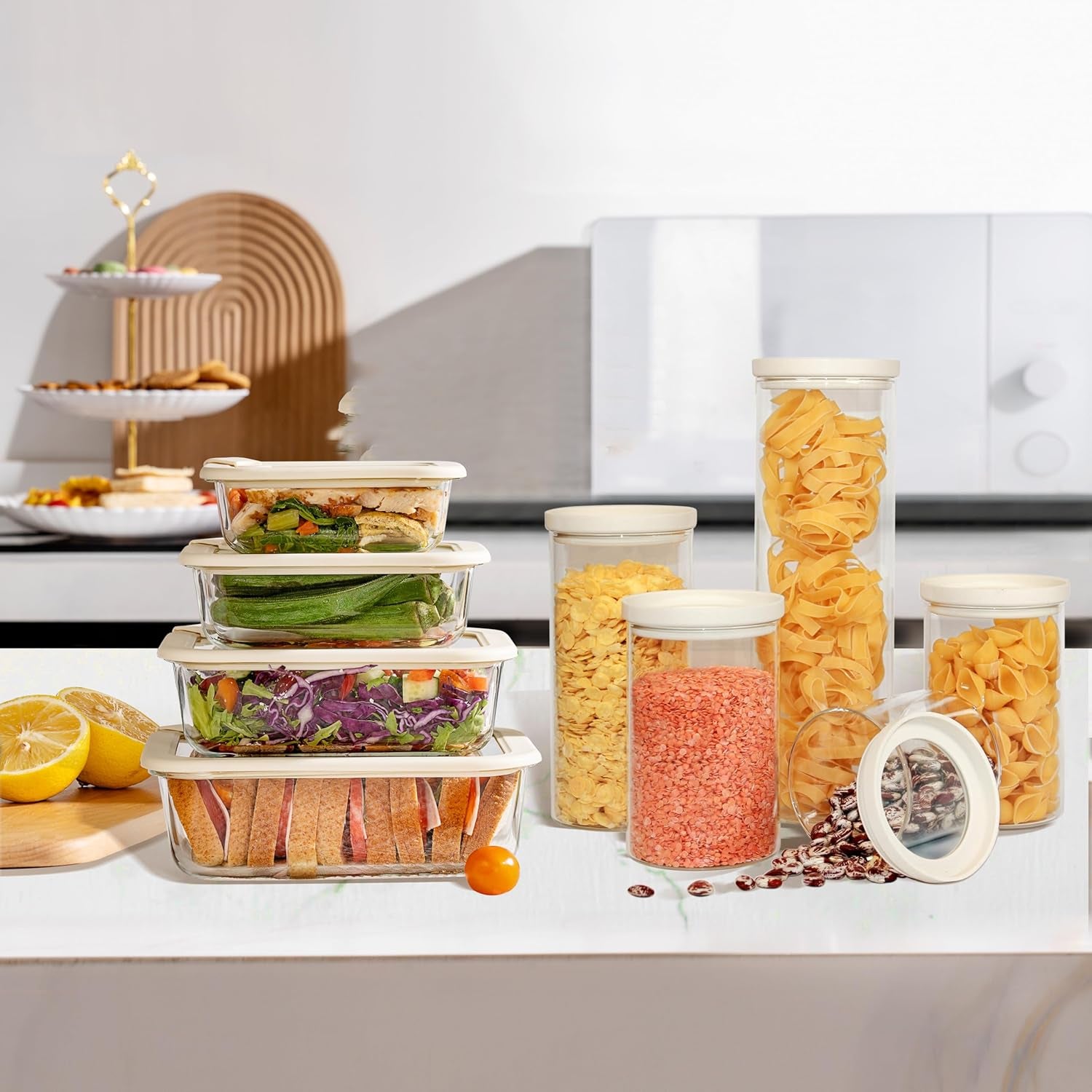 Glass Food Storage Jar with Glass Lid, Food Canister Set with Airtight Lids, Pantry Jars for Kitchen Organization, Food Storage Containers in Set of 5