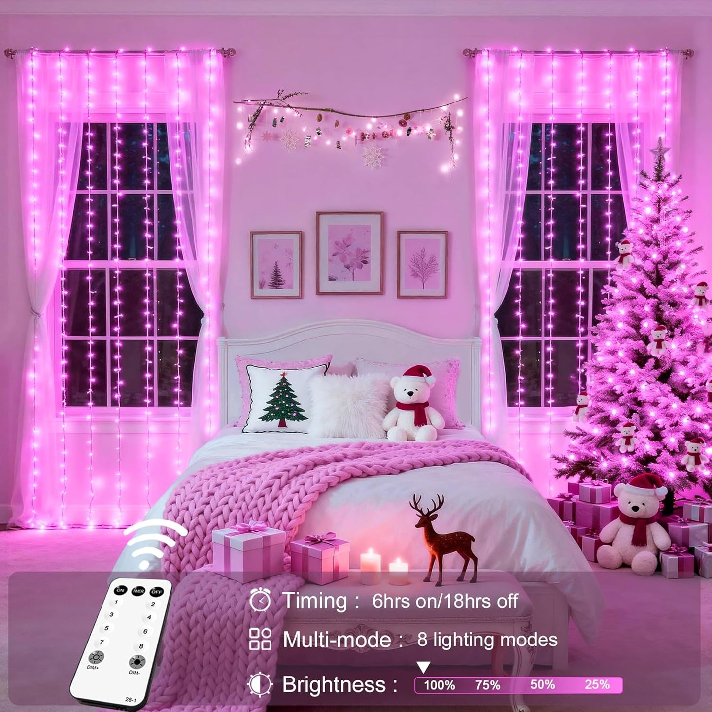 300 LED Pink Curtain Lights Plug in with Remote, 9.8X9.8Ft Pink Valentine Lights Lights Indoor, 8 Modes Christmas String Lights for Bedroom Window Wall Party Proposal Valentine'S Day Decor